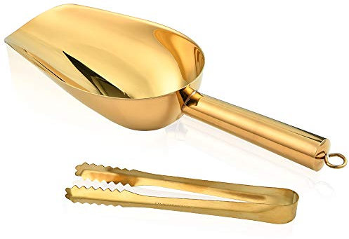 Stainless Steel Ice Scoop and Ice Tongs, Akamino Small Round Bottom Bar Ice Flour Utility Scoop & Buffet Clip Kitchen Bar BBQ Party Wedding, Gold