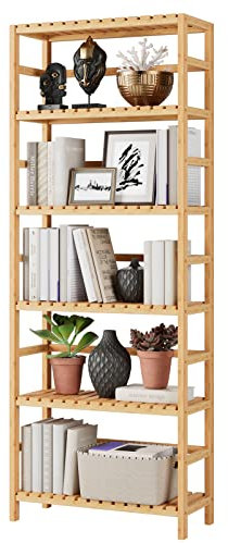 Bamjoy Bambusregal, 6 Etagen, Bücherregal, Aufbewahrungsregale, hohes Bücherregal, Mehrzweck-Aufbewahrungsregal, verstellbares Aufbewahrungsregal für Badezimmer, Zuhause, Büro, Wohnzimmer, Küche,