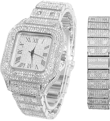 Halukakah Herren-Diamantuhr,Über 2000 Diamanten - Der König (Verbesserte Ausgabe) – mit Platin Überzogen,40mm Quadratisches Zifferblatt,380 Zusätzliche Diamanten auf der Bandrückseite,mit Geschenkbox