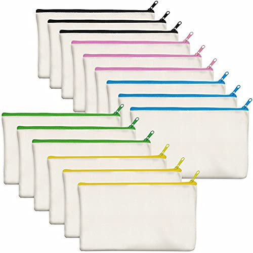 Alumuk 15 Stück Blanko Stoffbeutel, DIY Stoffbeutel mit Reißverschluss Blanko Federmäppchen Kosmetiktasche Schminktasche Kulturbeutel Mehrzweck Leinwand Mäppchen Stiftemäppchen zum DIY Bemalen