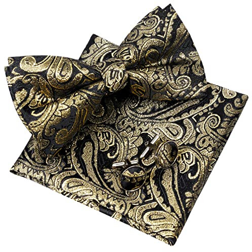 Alizeal Herren Retro Paisley Set mit vorgebundener Fliege, Einstecktuch und Manschettenknöpfen, Schwarz+Gold