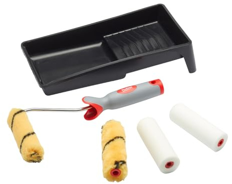 ProDec 6 Piece Emulsion and Gloss 4 inch Mini Paint Rollers, Soft Grip Frame and Tray Kit Set for a Smooth Finish with Emulsion, Gloss and Satin Paints on Interior Walls, Ceilings, Wood and Metal, 4