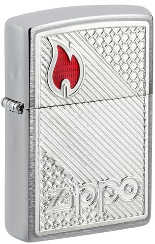 Zippo Sturmfeuerzeug - Red Logo Tiles Pattern, Brushed Chrome, Emblem - Nachfüllbar - Wiederverwendbar - Windfestes Design - Geschenkbox - Made in USA