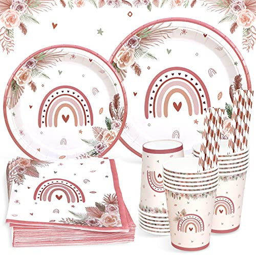 Heboland Vaisselle Décoration Anniversaire Arc-en-Ciel pour 25 Invités - 125 Pièces Boho, Assiettes, Serviettes, Tasses, Pailles pour Fille