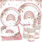 Heboland Vaisselle Décoration Anniversaire Arc-en-Ciel pour 25 Invités - 125 Pièces Boho, Assiettes, Serviettes, Tasses, Pailles pour Fille