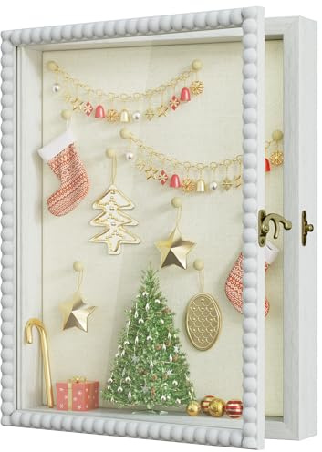 Love-KANKEI Shadow Box Frame 11x14, Deep Large Shadow Box Display Case with Unique Beads Door and Glass Window, Wood Memory Box for Pictures,Medals,Memorabilia,Collections White