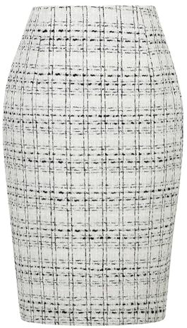 Kinghua Damen Bleistiftrock aus Wolle, kariert, Herbst, Winter, hohe Taille, Schlitz, figurbetont, knielang, Midirock, Tweed Weiß, X-Groß