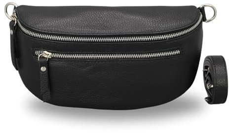 BRISE Bauchtasche Damen Echtes Leder Lucia Handgemachte Umhängetasche Crossbody Bag mit Ledergurt 3 Fächer Stylische Hüfttasche Gürteltasche Made in Italy (Schwarz - 1)