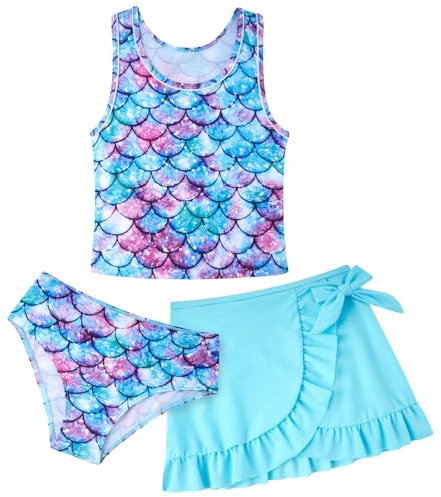 AIDEAONE Kinder Badeanzüge Mädchen Bikini mit Rock Entzückende Schwimmkostüm Blaue Meerjungfrau Print Bequeme Badebekleidung für Mädchen 9-10 Jahre