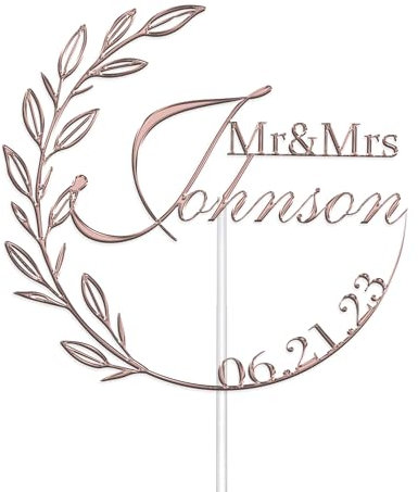 Personalised Acrylic Wedding Cake Topper by KreateSquare - Mr and Mrs Rustic Design - Customisable with Any Name and Date, Custom Colour – Wedding Cake Decoration (Rose Gold)