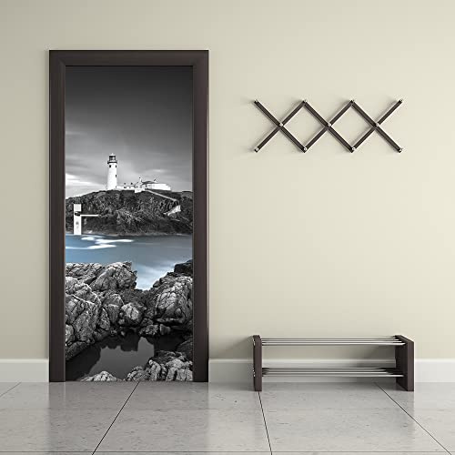 3D Türposter Türtapete Graue Leuchtturm-Landschaft Türtapete selbstklebend TürPoster Fototapete Türfolie Poster DIY Selbstklebende Wandbild PVC Wasserdichte Tapete B77 x H200cm