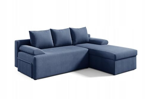 IMPAR24 Ecksofa Alaska, Eckcouch in L-Form mit Schlaffunktion und Bettkasten, Farbe: Blau, Ottomane universal, Cordstoff