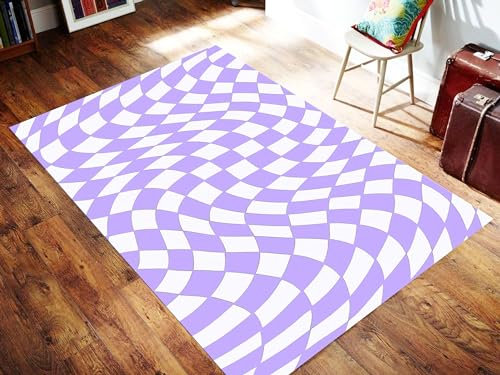 DUCAPE Lila Kariert Teppich,Cooles Kariertes Design Dünner Weicher rutschfest Waschbarer Kurzflor Wohnzimmer Teppiche,Für Eingangsbereich Innen Schlafzimmer Kinderzimmer Küche 50 X 80Cm