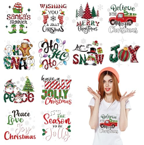 CCINEE 12 Blatt Weihnachts-Bügelbilder für T-Shirts, Wärmetransfer-Aufkleber, Vinyl, Weihnachts-Sublimations-Transfers, bereit zum Drücken, für Bastelarbeiten, Weihnachtskleidung, Taschen