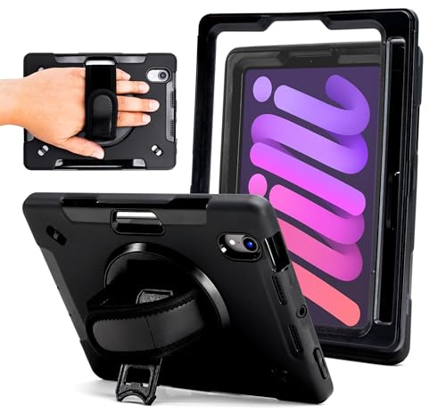 ZAGG Rugged Tablet Case for iPad mini (Gen 6) - Protective, 360° Rotating Hand Strap, Integrated Kickstand, Drop-Proof, Ideal for Business, Warehouse, and Field Use, Black
