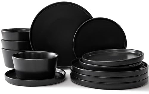Ceramic Dinnerware Set for 4, 12-Piece Plates and Bowls Set for Kitchen and Dining, Modern Dishes Set, Dishwasher & Microwave Safe, Black