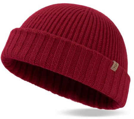 TOP-EX XL/XXL 100% Merino Wolle Fisherman Beanie Trawler Beanie Herren Damen Wintermuetze Strickmuetze Rot M/L