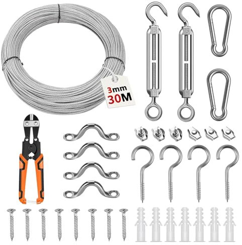 28 Stücke Drahtseil, 30 Meter Edelstahl Drahtseil, 304 Edelstahlseil Stahlseil Kit, Galvanised Garden Wire, Kletterpflanzengitter, Vorhangseil, Wäscheleine,Drahtseil Spanndraht