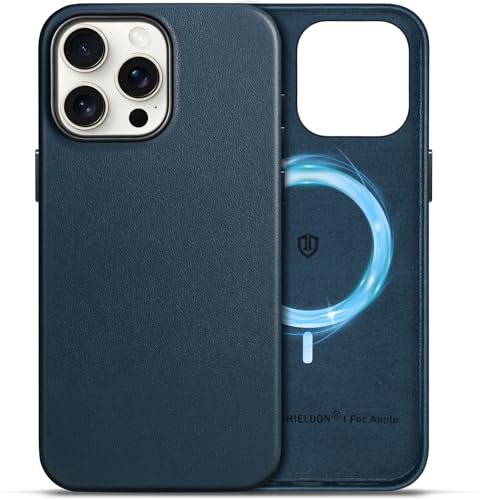 SHIELDON Lederhülle für iPhone 16 Pro Max, Kabelloses Laden Magnet Schutzhülle [Echtleder] [Anti-Fingerabdruck] [Leicht] Hüllen Kompatibel mit iPhone 16 Pro Max 5G 6,9 2024 Marineblau