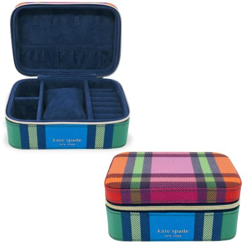 Kate Spade New York Portagioie da viaggio nero, piccolo portagioie per organizzare anelli, collane, orecchini, Grand Plaid Duo