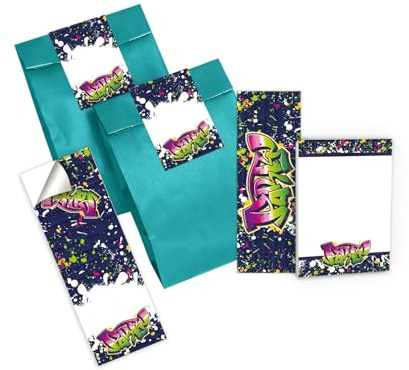 Junapack 6 Lesezeichen + 6 Mini-Notizblöcke + 6 Geschenktüten (Petrol) + 6 Aufkleber Mitgebsel Gastgeschenk beim Kindergeburtstag Jungen Mädchen Graffiti neon