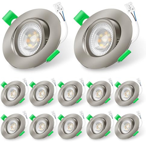ALUSSO LIGHTING 12er Set Einbaustrahler 230V Flach Dimmbar LED Spots 6W Einbauleuchten, Abnehmbar Modul, 3CCT Warmweiß Naturweiß Kaltweiß Schwenkbar, Nickel Gebürstet