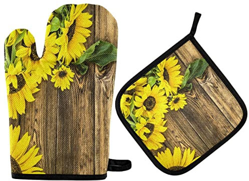 Ofenhandschuhe Vintage Sonnenblumen Gelb Retro Blume Sommer Topflappen Set Waschbare Topfhandschuhe Premium Qualität Kochhandschuhe Für Backen Grillen Kochen