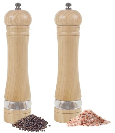 ManGotree Pepper Mill & Salt Grinder Set | Natural Solidwood with Acrylic Visible Window | Adjustable Coarseness – Perfect for Gourmet Cooking, 8.5 Inch, 2 Pack (Natural)
