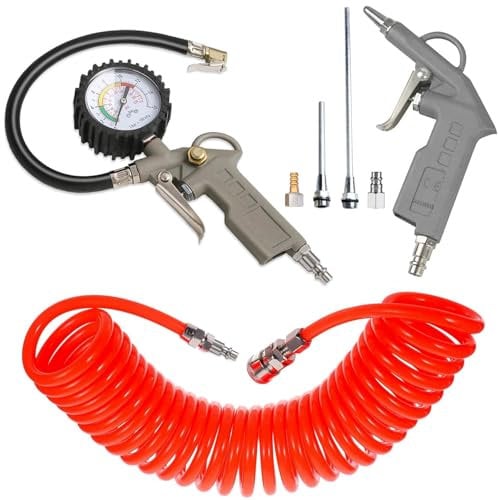 10 pcs Heavy Duty Air Compressor Accessory Kit, And Tire Inflator with Gauge, Air Blow Gun and Air Nozzles, 1/4 NPT Air Tool Kit, with 9 Meter Long Coil