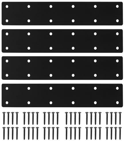 4 Pcs Flat Joining Plates, Flat Connecting Plates, Perforated Metal Mending Plates with 12 Holes, Black Heavy Duty Straight Braces Brackets Supports for Fixing Timber Wood Connectors - 11x2 Inch