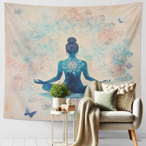 Serene Blue Buddha Tapisserie, Mandala-Muster, Wandbehang, entspannende böhmische Dekoration für Yoga, Meditation, Wohnzimmer, Schlafzimmer, 152,4 x 127,7 cm