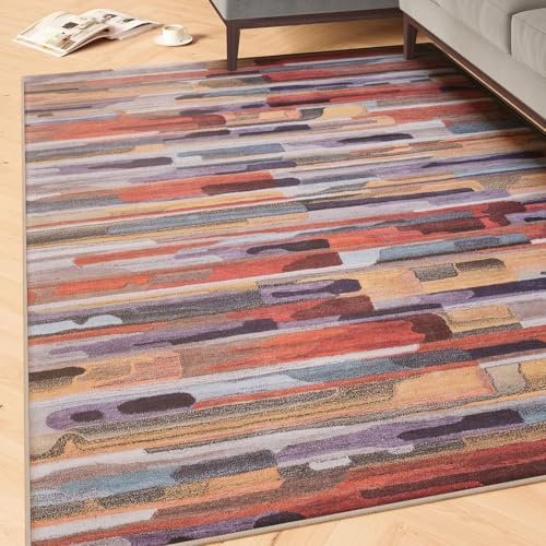 Machine Washable Colourful Multi Cotton Rugs Modern Abstract Stain Resistant Liquid Repellent Living Area Bedroom Rug 200cm x 290cm (6ft 7 x 9ft 6)