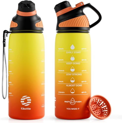 Fjbottle Trinkflasche 1L/710ML + Sieb – Sport Wasserflasche mit Zeitmarkierung/Magnetdeckel - BPA-frei Plastik Flasche für Fitness, Schule, Yoga, Outdoor