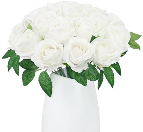 Olrla 20pcs Fausses Roses Fleurs, Artificielles Velours Tête De Roses Rouges DIY pour Bouquets De Mariage, Saint Valentin, Décorations De Fête À La Maison, Arrangement De La Flore (Blanc)