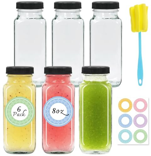 NEWMIAO 6 pack 8 oz Glass Juice Bottles with Lids, 250 ml Reusable Glass Water Bottles, Empty Drink Containers Drinking Jars with Brush, for Milk, Juicing, Kombucha, Ginger