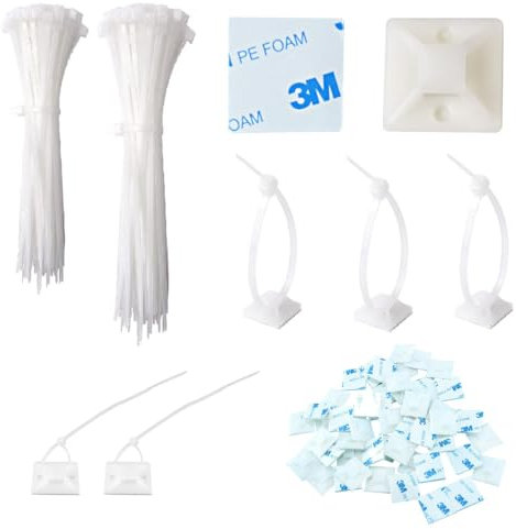 Yuannee Ferma Cavi Autoadesivi per Cavi Con 100 PCS Supporti Adesivi,200 PCS Fascette Plastica Bianco per Fascette Ideali per Casa Ufficio Garage e Officina Fascette Nylon Resistente e Durevole