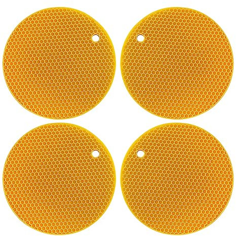 Silicone Hot Pot Holders, 18 cm Round Honeycomb Pattern, Set of 4 (yellow)