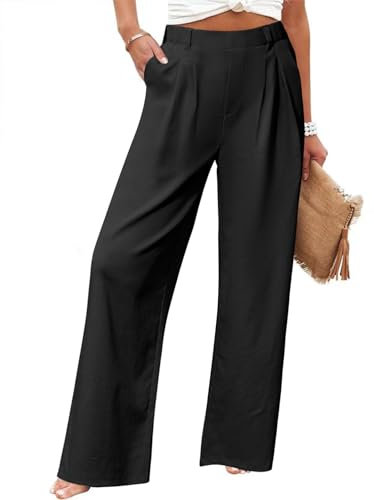 Friptspyg Palazzo Hose Freizeithose Damen Sommer Hohe Taille Palazzo Elastische Freizeithose mit Taschen,Schwarz XL