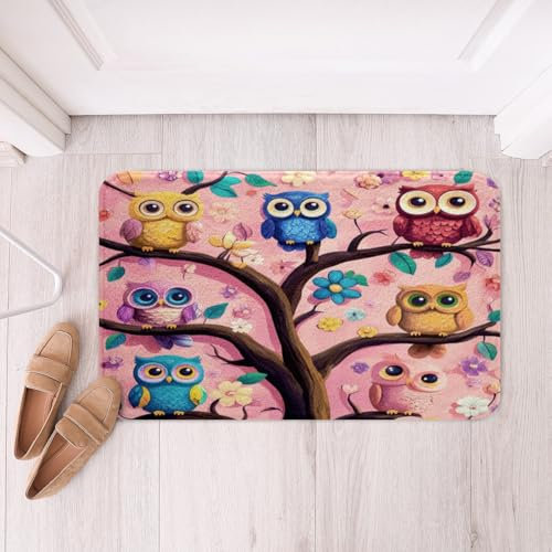 Loussiesd Eule Badvorleger für Kinder Jungen Mädchen Vogel Dekor Badematte 40x60cm Bunte Baum Badteppiche Cartoon Eulen Design Badezimmerteppich Pink