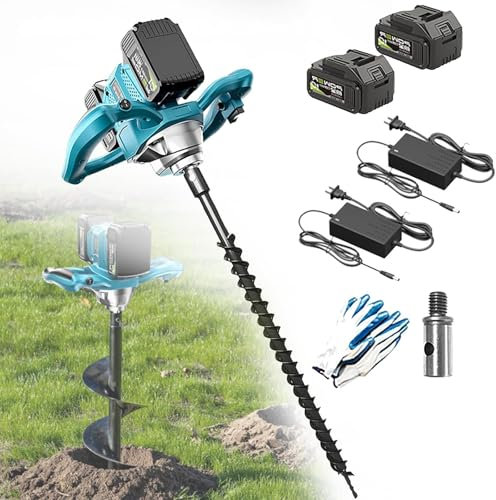 1200W Cordless Electric Post Hole Digger 2 Batteries, 6 Adjustable Gears | Forward/Reverse Direction | Earth Auger with 40MM Drill Bit for Garden Planting & Fence Post Installation 60MM