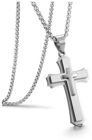 Jovivi Mens Cross Necklace for Men,Stainless Steel Silver Cross Crucifix Pendant Chain Necklace for Boys Men's Christian Confirmation Baptism Cross Chain Jewellery Easter Gifts