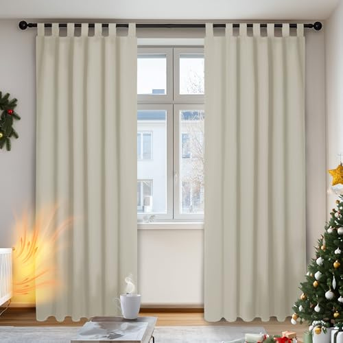 Deconovo Blickdichter Vorhang mit Schlaufen Verdunkelung Dicke Gardinen Wohnzimmer Thermogardinen gegen Kälte Vorhänge Schlafzimmer Verdunklungsvorhänge, 145x140 cm(HöhexBreite), Creme, 2er Set