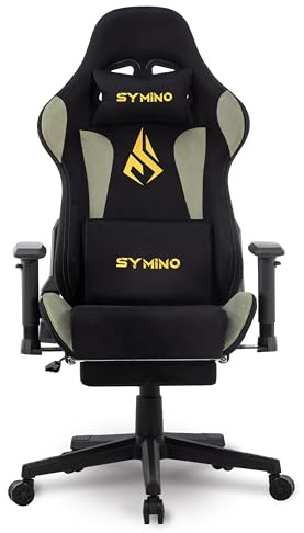 Symino Chaise Gamer, Design Bicolore, Siège Enveloppant, Support Lombaire & Tête, Inclinaison 150°, Gaz Classe 3 SGS, 150kg (Faux Daim, Noir Vert)