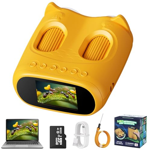 Cheffery Mikroskop für Kinder mit 32GB SD-Karte, 1000X, Foto & Video (Gelb) | Digitales Mikroskop, 4K Taschenmikroskop 2,4 IPS Display, 8 LED Licht, 1000X Lupe Entdecker-Set Geschenk Jungen Mädchen 3-12