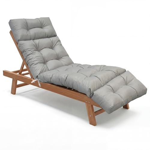 Awoyep Outdoor Liegenauflage Auflage Gartenliege: 183x53 cm Wasserdicht Gartenkissen mit Haltegurten Dickes für Sonnenliege Liegestuhl Auflagen für Deckchair Sitzauflage Balkon und Pool (Light Gray)