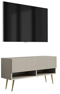 3E 3xE living.com TV-Schrank mit geriffelter Front, Kaschmir, Goldfarbene, schräge Beine, 100 × 32 × 52 cm