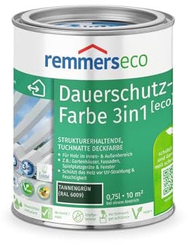 Remmers Peinture huile écologique Vert sapin, 0,75 litres, Peinture aqueuse pour le bois en intérieur et extérieur. Peinture 3en1: isolant/application intermédiaire/finition.