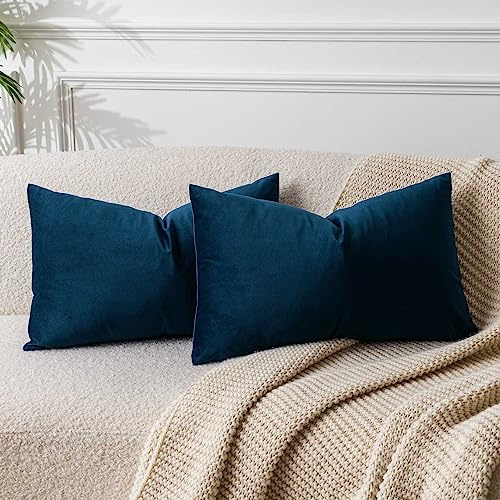 JUSPURBET Decorative Velvet Pillow Covers 16x24 Set of 2 Thick Lumbar Throw Pillow Covers for Sofa Couch Bed Soft Home Décor Accent with Hidden Zipper,Navy