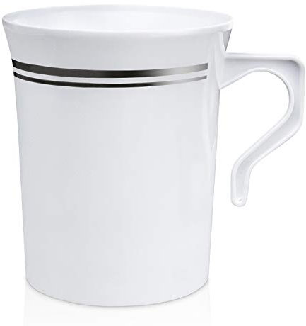 Fit Meal Prep Kunststoff-Kaffeetassen mit Henkel, 237 ml, Weiß, silberfarbener Rand, Einweg-Teetassen, Suppe, Cappuccino-Tasse, heiße oder kalte Getränke, Hochzeitsfeier, Keramik- und