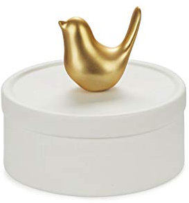 balvi Schmuckkästchen Birdie Farbe Weiß und Mattgold Schmuckkästchen aus Keramik mit Deckel und dekor